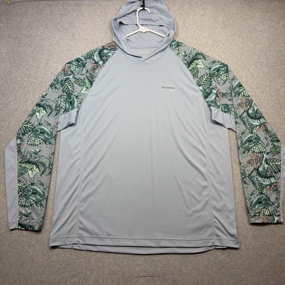 Simms SolarFlex Hoody Mens XL Blue Fish Print Long Sleeve UPF 50 Fishing Shirt